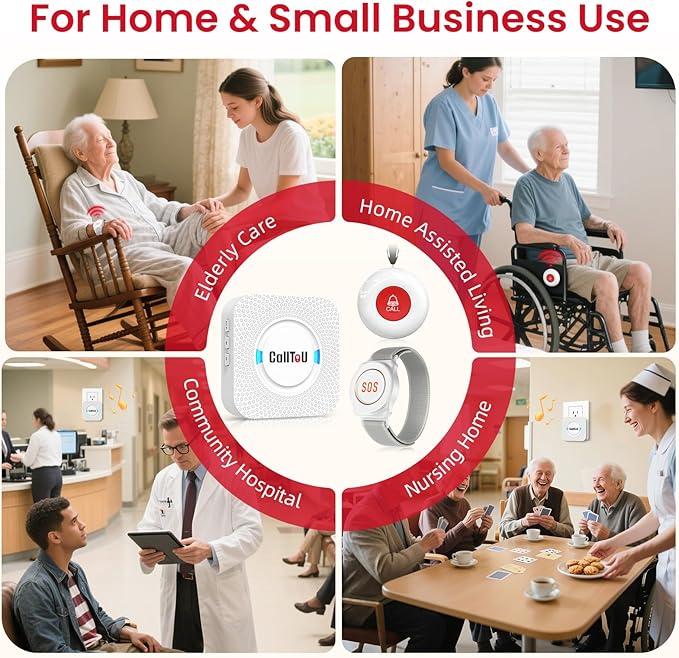 CallToU Caregiver Pager Wireless Call Button Nurse Alert System 500+ Feet for Home/Elderly/Patient/Disabled 1 Plugin Receiver 1 Waterproof Transmitter 1 Watch Transmitter