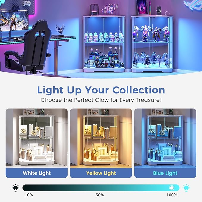 Dystler Corner Display Cabinet Set of 2 with Glass Doors, Small Display Case with 3-Color LED Lights and Charging Station, 2-Tier Curio Cabinet with Storage and Shelf, White
