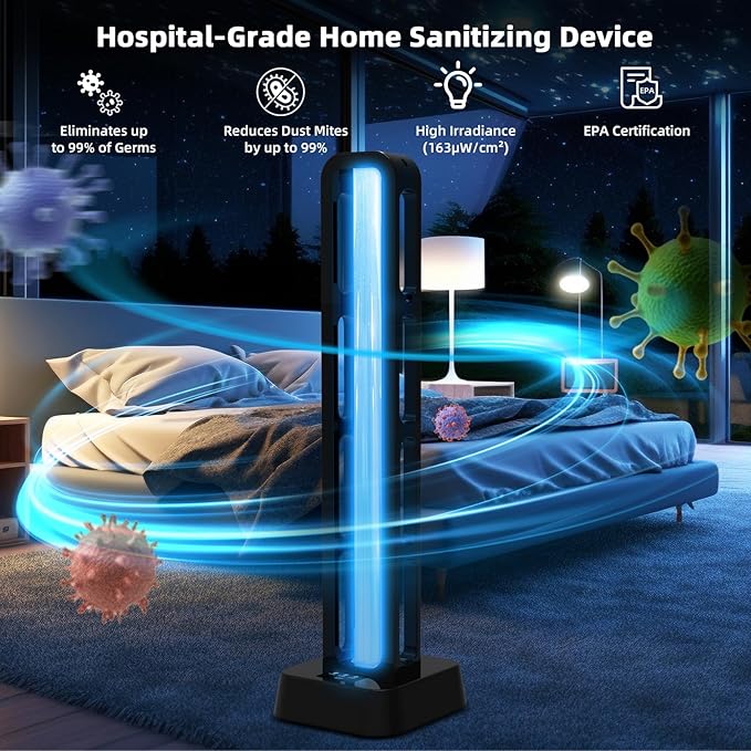Zyntieu 69W UV Light Sanitizer with Remote Control and 3 Timers – Home Disinfection Device 99.99% Cleaned of Germs, Viruses, Mold and Dust Mites – Whole Room Disinfection Lamp for Home and Office
