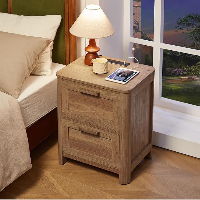 Joaxswe Farmhouse Nightstand with Charging Station, End Tables Bedroom with 2 Large Drawers & 4 Thickened Table Legs, Dark Wood