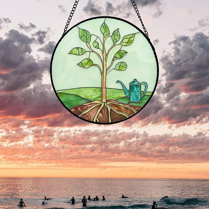AMDERVEN Stained Glass Window Hanging 4 Pcs Set Pink Green Spring Saplings Flowers Large 11.8" - Suncatcher Door Garden Sun Catcher Home Decor Mother's Day for Woman Nana Mom Men