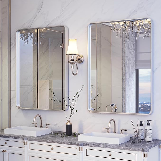 ISKM Modern 24"L x 36"W Silver Brushed Aluminum Alloy Mirror, Wall Mounted Vanity Mirror