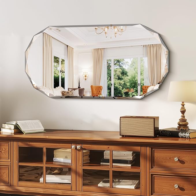 GLASHOM Beveled Edge Frameless Bathroom Mirror, Oval Wall Mirror for Over Sink, 20" x 40" Modern Decorative Vanity Mirror for Bedroom, Living Room,Entryway, Hanging Mirror Horizontal or Vertical