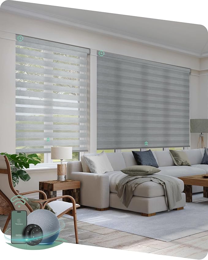 Yoolax Motorized Zebra Blinds Compatible with Alexa,Motorized Blinds with Remote Smart Automatic Custom Electric Window Blinds Cordless Indoor Blackout for Home Bedroom Kitchen (Sheer Gray)
