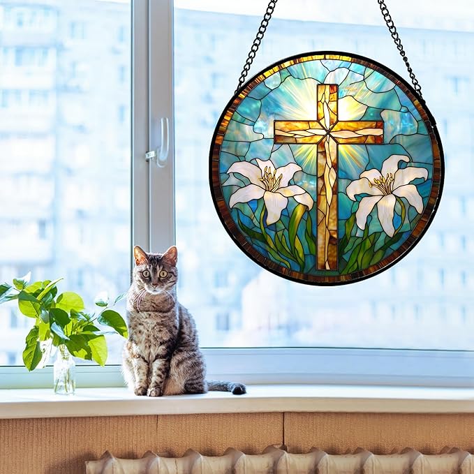 DASTOLL Christian Gifts for Women - Cross Stained Glass Window Hanging Jesus Easter White Lily Flower Sun Catcher Garden Religion Decor Mother's Day Catholic Gift for Men Grandma Mom Her Nana 9.8"