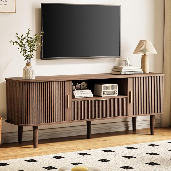 DAMCROP Fluted TV Stand, 55 Inch Mid Century Modern Media Console Table with Sliding Tambour Door Farmhouse Sideboard Buffet Cabinet Fits TVs up to 75 inch, Wood Entertainment Center for Living Room