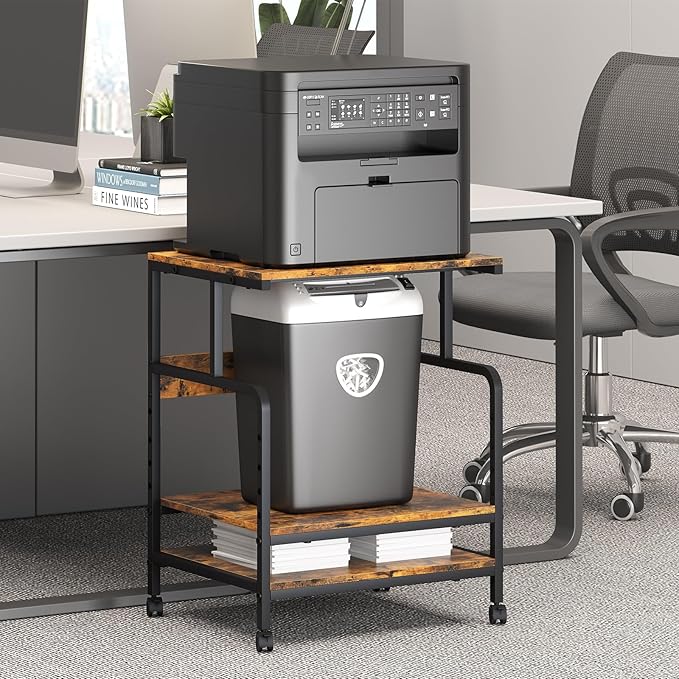 Arbuxzuy Large Printer Stand with Storage Shelf, 23.6" W x 18.9" D Printer Cart with Wheels, 3 Tier Mobile Printer Table for Home Office,Stands for Heat Press Scanner Fax (Brown)