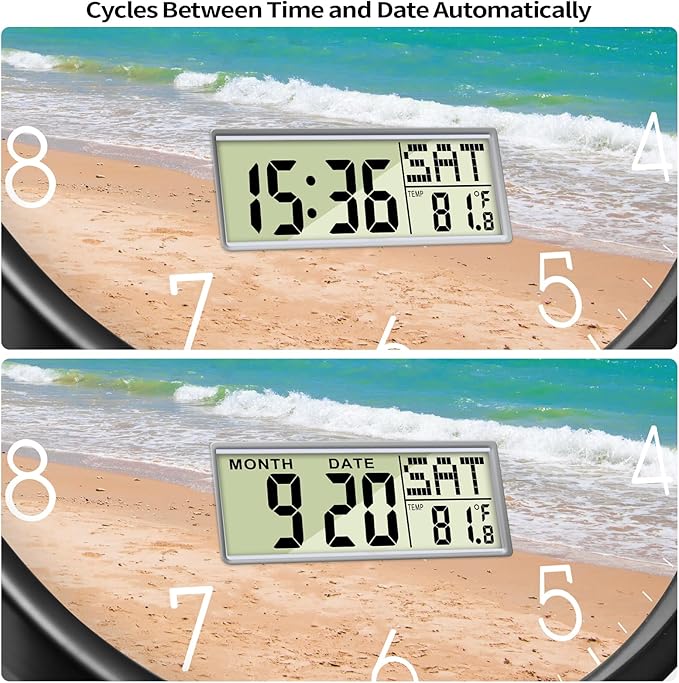 Modern Wall Clocks with Calendar and Date Ocean Wave Sea Beach Digital Clock Large Display Non-ticking Kitchen Silent Clock With Day and Temperature for Elderly Farmhouse Living Room Bathroom 14 Inch