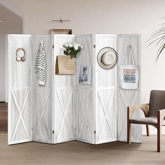 ALeesing 6 Panel Pegboard Room Divider, 5.6Ft Pegboard Display Folding Privacy Screens, Wood Room Divider Peg Board Display Freestanding for Trade Show Craft Show Home Wall Organizer, Retro White