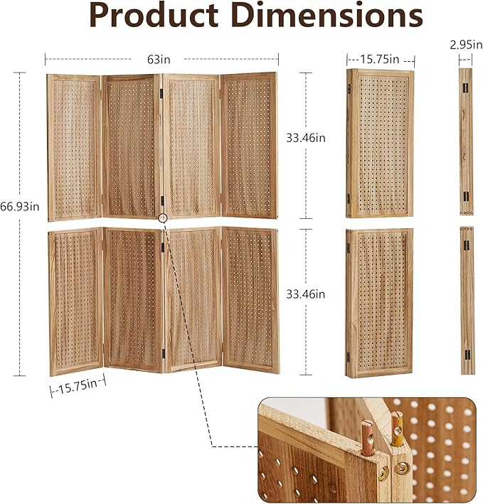 Leesinwing 4 Panel Wooden Room Dividers, 5.6FT High Plug-in Folding Screen Made of Natural Wood, Pegboard Display for Bedroom and Shopping Malls and Jewelry Stores, Light Brown