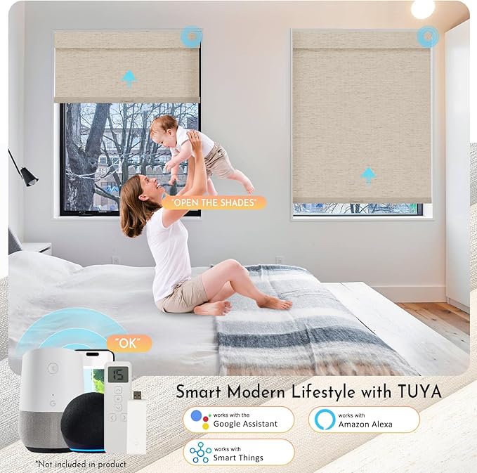 Persilux Smart Motorized Blinds with Remote, No Drill Automatic Roller Shades for Indoor Windows, Blackout Linen Fabric, Electric Blinds for Windows, Linen Beige C156BO-2, Custom Size