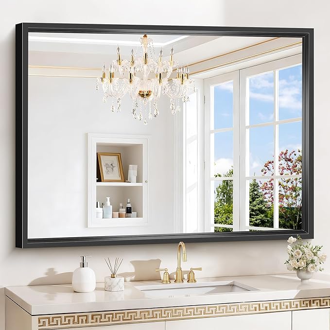 Black Bathroom Mirror, 36x48 Inch Large Rectangle Mirror, 0.6" Thickened Deep Frame Mirrors for Wall Over Sink, Brushed, Shatterproof Tempered Glass, Antirust, Horizontally or Vertically