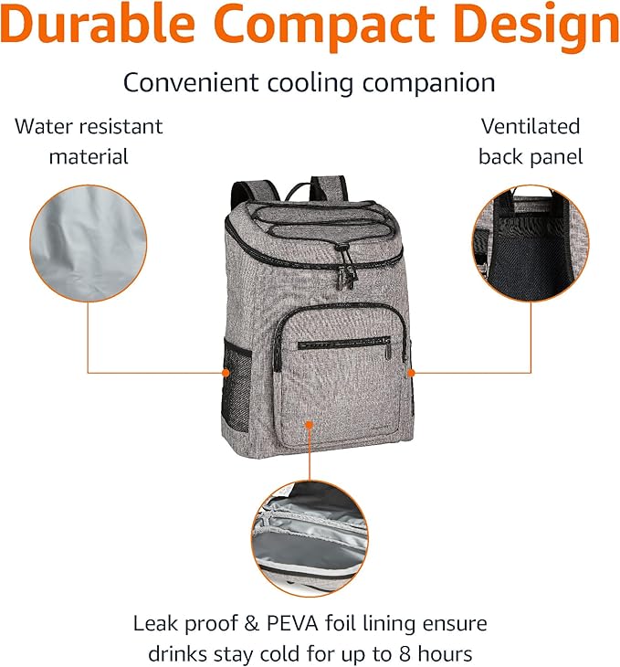 Amazon Basics Reusable Insulated Soft Cooler Backpack, 30 Can Capacity, Gray