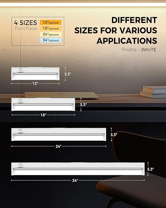 Snyloe 2 Pack 12" Under Cabinet Lighting for Kitchen, 8W 600LM, 3 Color Temperatures (3000K/4000K/5000K), Hardwired or Plug-in, 45° Rotatable Design, Linkable Up to 15 Units, YT-4208-10-2