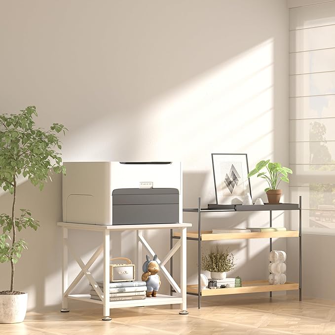 TQQDCI Printer Stand, 23.6 x 23.6 Inches Large Printer Stand with Storage Shelf, 2 Tier Printer Table for Home Office, Rolling Printer Cart with Industrial Wheels, Mini Fridge Stand Table, White