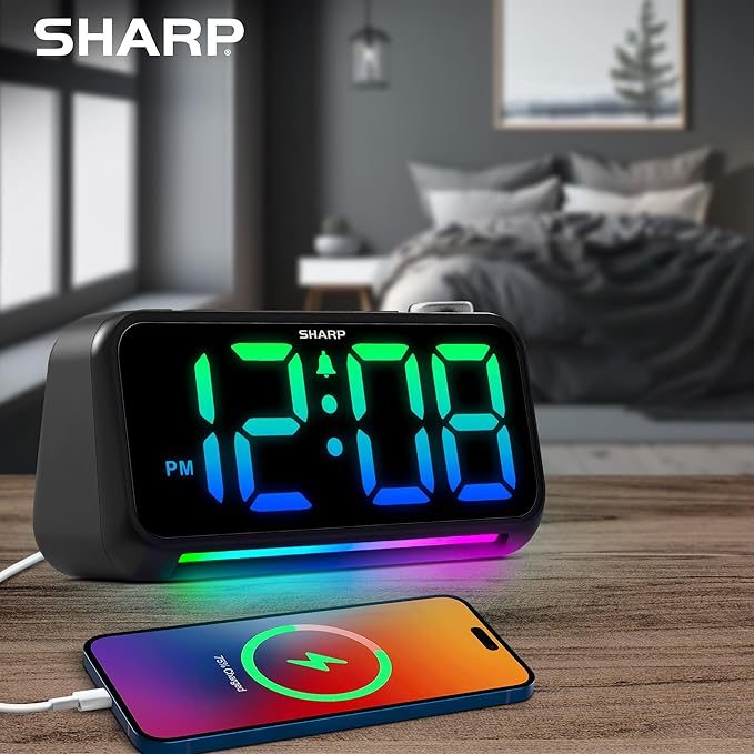 Sharp LED Digital Clock for Bedroom, Super Loud Alarm Clock for Heavy Sleepers for Bedside, Nightstand, Desk Clock with RGB Night Light/Display with Adjustable Color/Volume/Brightness/Snooze