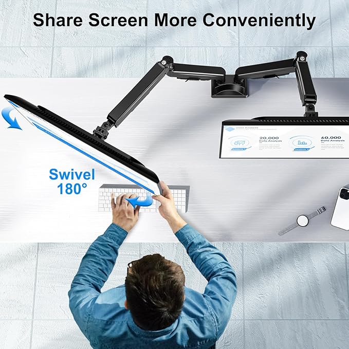 ErgoFocus Dual Monitor Mount for Screens up to 43", Heavy Duty Ultrawide Dual Monitor Arm Holds 2.2-33lbs Each, Premium Gas Spring Adjustable Computer Monitor Stand for 2 Monitors, VESA Desk Mount