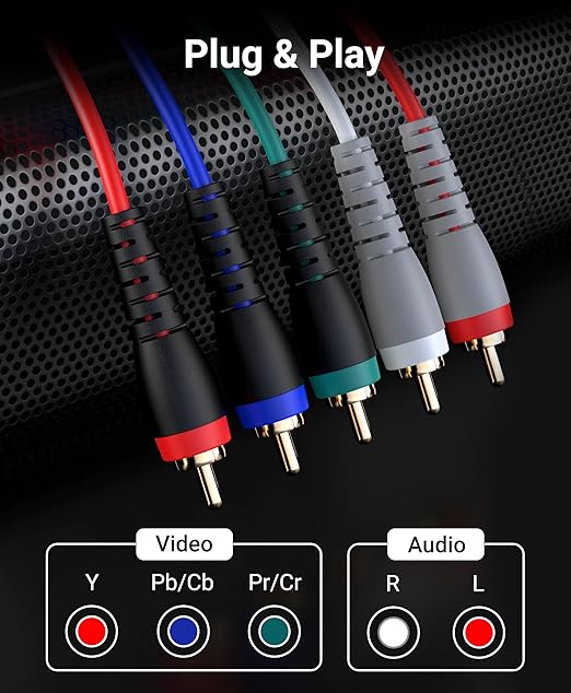 BlueRigger Component Video Cable with Audio (10FT, RCA- 5 Cable, Supports 1080i) - Compatible with DVD Players, VCR, Camcorder, Projector