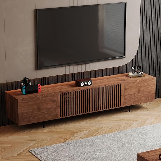 gaoyangjiaju 94.48" Mid-Century Modern TV Stand, Walnut Media Console with 4 Storage Cabinets, Entertainment Center for TVs up to 100 Inches, Ideal for Living Room or Bedroom