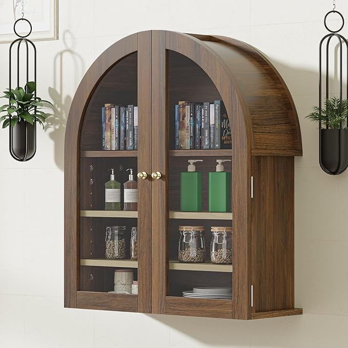 HOACT Arch Bathroom Wall Cabinet with Glass Door, 23.6" Above Toilet Storage Cabinet with Adjustable Shelves, Natural Medicine Cabinet for Kitchen, Laundry Room, Bedroom, Walnut