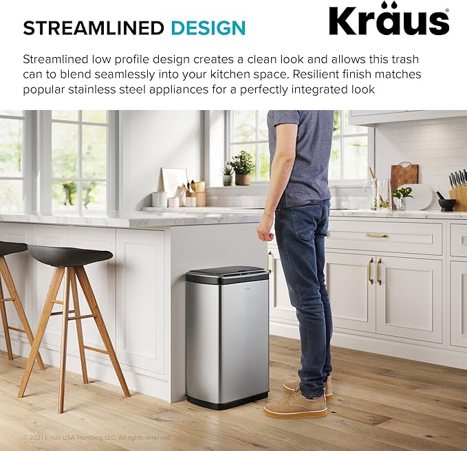 Kraus GarbagePro Rectangular 13 Gallon Hands-Free Motion Sensor Trash Can Battery Operated in Matte Black Finish with SoftShut Touchless Lid, KTCS-10MB