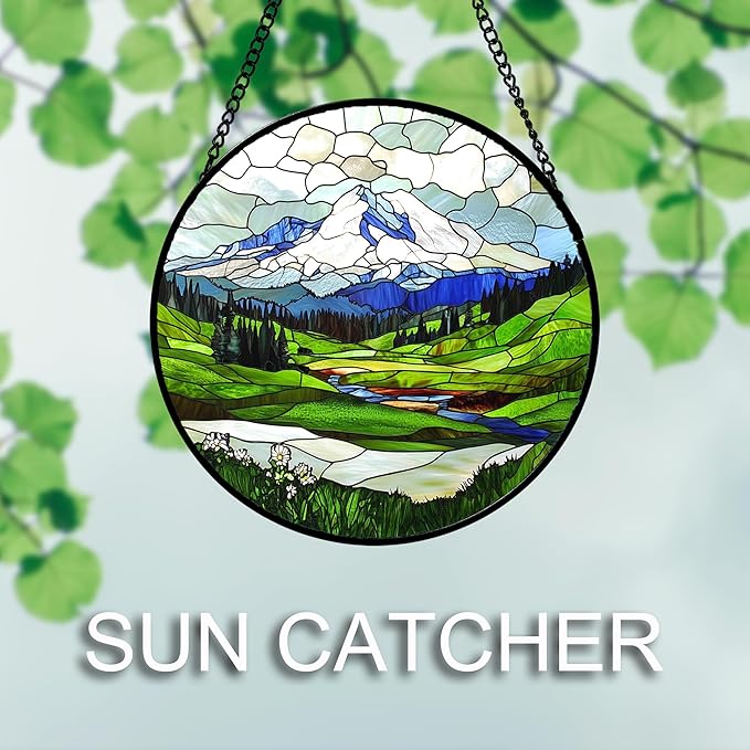 DASTOLL Stained Glass Window Hanging 4 Pcs Set Mountains Lake Green White Landscape Large 11.8" - Suncatcher Door Garden Sun Catcher Decor Birthday Christmas for Mom Woman Nana Men