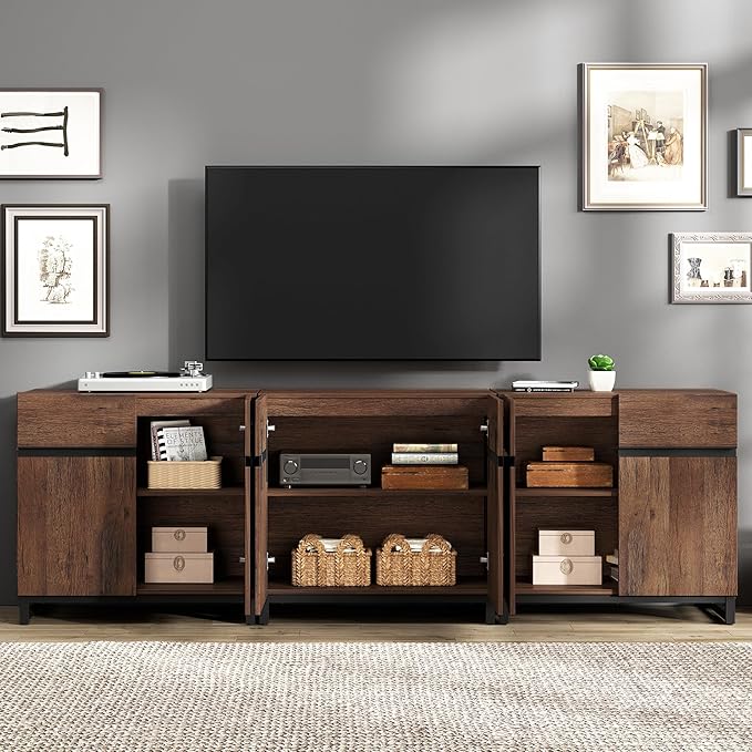 Wampat Modern TV Stand for 100 inch TVs, 3 in 1 Entertainment Center Console with Adjustable Shelves and Metal Base for Living Room, Bedroom, Brown | 3 in 1