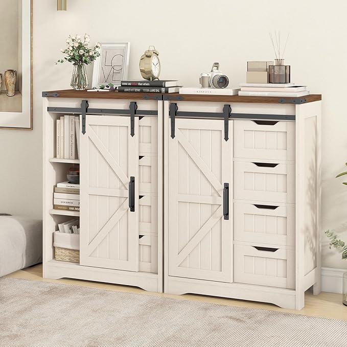 Farmhouse Bathroom Storage Cabinet, Bathroom Cabinet with 4 Drawers and Sliding Door, Farmhouse Floor Storage Organizer for Kitchen, Living Room, Rustic Style, White