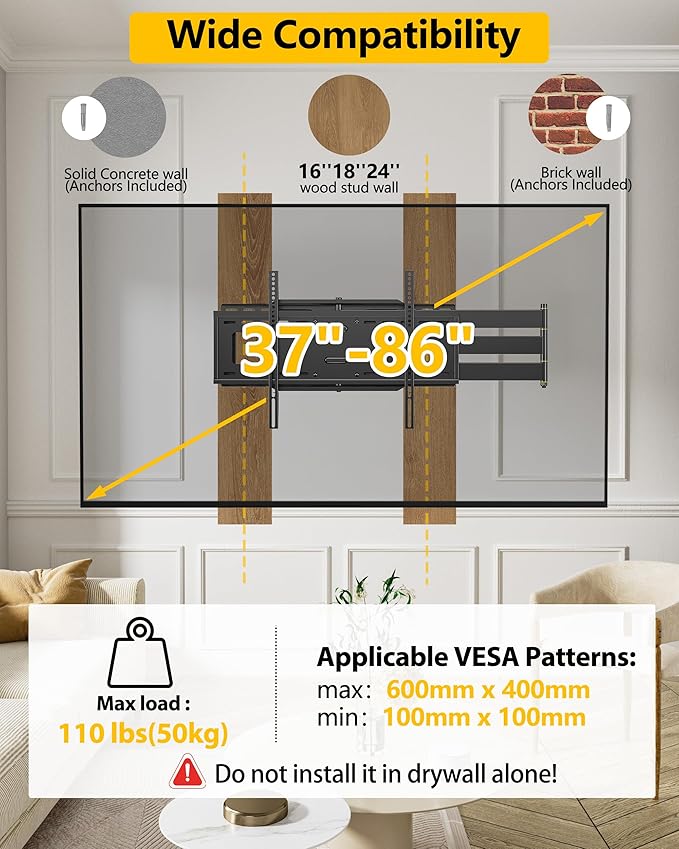 48'' Extension Extra Long Arm TV Wall Mount, Heavy Duty Full Motion TV Wall Mount for 37 to70,75,77,80,85'' Screens, Max VESA 600x400mm, Hold 110 lbs, 16''-24'' Wood Studs/Concrete/Brick Wall