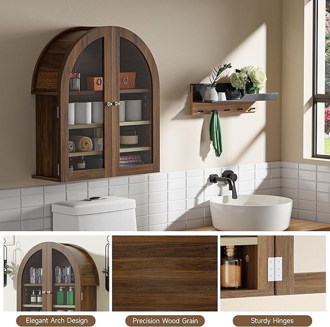 HOACT Arch Bathroom Wall Cabinet with Glass Door, 23.6" Above Toilet Storage Cabinet with Adjustable Shelves, Natural Medicine Cabinet for Kitchen, Laundry Room, Bedroom, Walnut