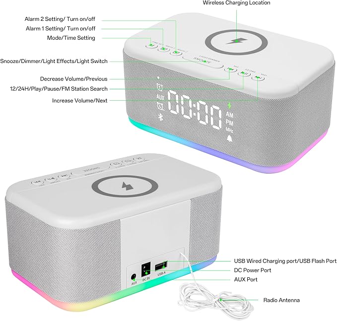 Bluetooth Alarm Clock Radio Bedroom, Digital Dual Alarm Clock Bedroom, Up to 10 Alarms Clock Night Light Speaker App/Button Control FM Charge Snooze Adjustable Brightness Dim 12/24H, Grey
