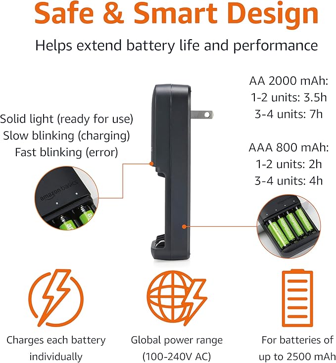 Amazon Basics Battery Charger for Rechargeable AA and AAA NiMh Batteries - NA Plug, 4-Bay, Black