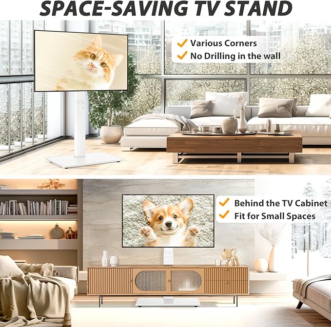 TAVR Universal Floor TV Stand Base for 32-70 Inch TVs up to 110 Lbs with Swivel Height Adjustable Mount, White Tempered Glass Base for Media Storage