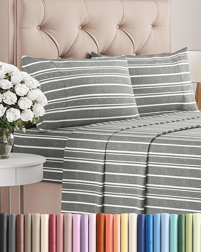 Full Size 4 Piece Sheet Set - Comfy Breathable & Cooling Bed Sheets Set - Hotel Luxury Bedding for Women, Men, Kids, Teens, Boys & Girls - Deep Pockets, Soft, Wrinkle Free - Oeko-Tex - Grey Stripes 3