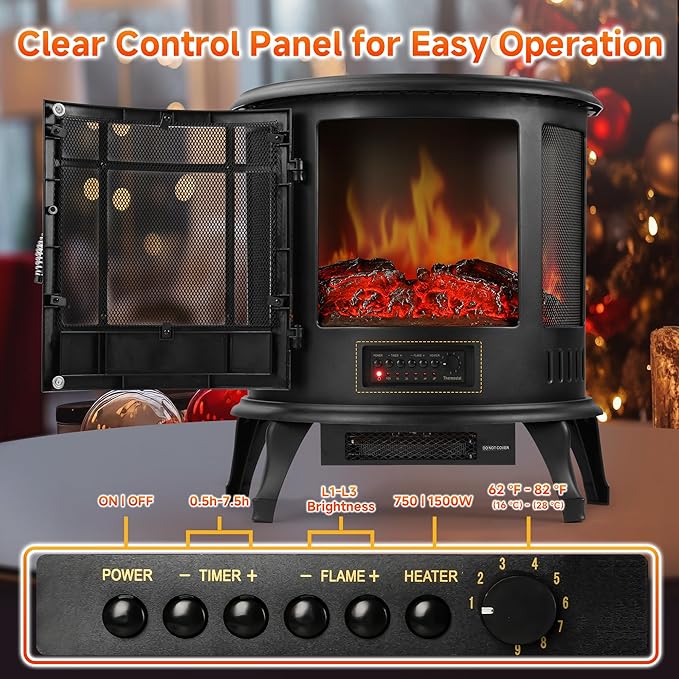 25in Electric Fireplace Heater Stove - Infrared Heater with Realistic LED 3D Flames and Remote Contro, Fire Place Electric, Fake Freestanding Fireplace for Indoor Use, Timer, 750 | 1500W