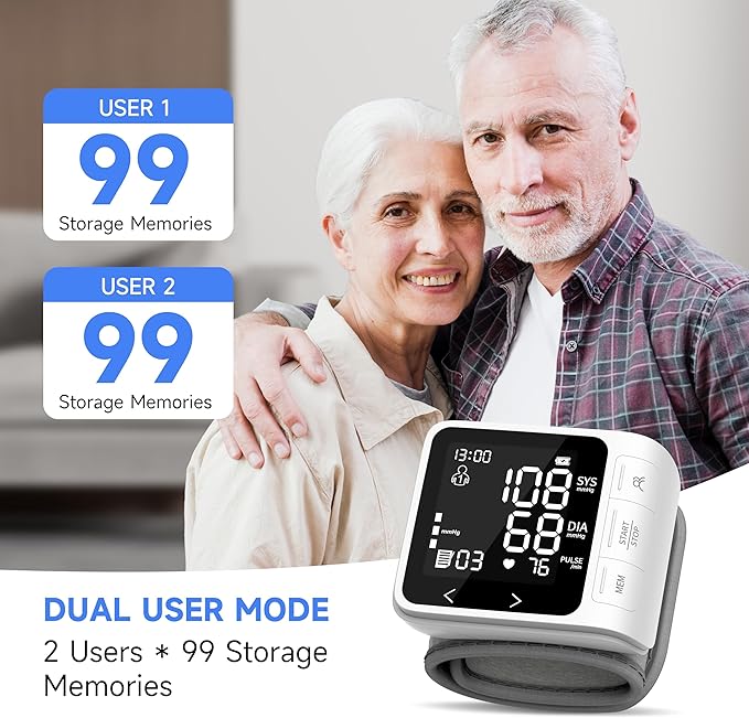VivaGuard Wrist Blood Pressure Monitor for Home Use, LCD Backlit Dispaly BP Machine Automatic Digital Wrist Blood Pressure Cuff with Heartbeat Detector, 2 * 99 Memory, Carrying Case, 2 AAA Batteries