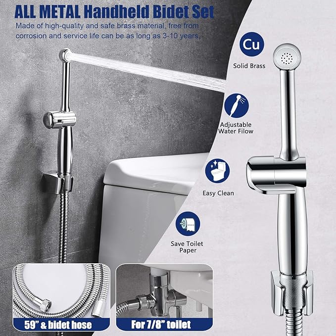 Handheld Bidet Sprayer for Toilet, Hand Held Bidet Attachment, Cloth Diaper Toilet Sprayer Brass 7.9" Bidet Wand, Adjustable Water Jet Spray for Toilet with Backflow Preventer, Chrome