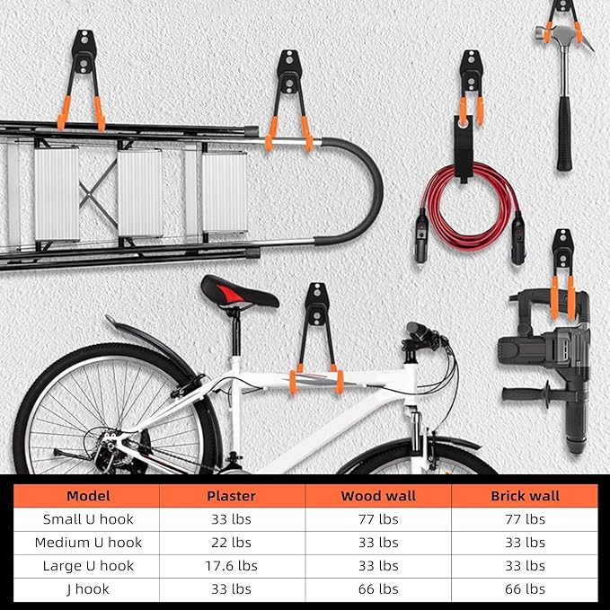 CRXCRC Garage Hooks, 4 Pack Wave Hooks for Hanging Heavy Duty Ladders, Bikes, Tools Ideal for Garage, Garden, Basement Utility Room Storage (Orange)