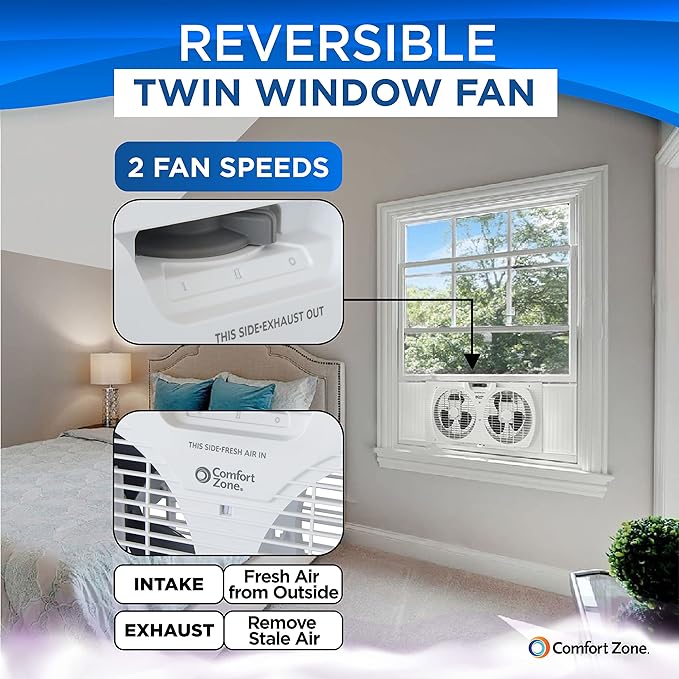 Comfort Zone Twin Window Fan with Reversible Airflow Control, 9 inch, Auto-Locking Expanders, 2 Speed Fan, Dual Fan, Exhaust, Airflow 9.84 ft/sec, Ideal for Home, Kitchen, Bedroom & Office, CZ319WT