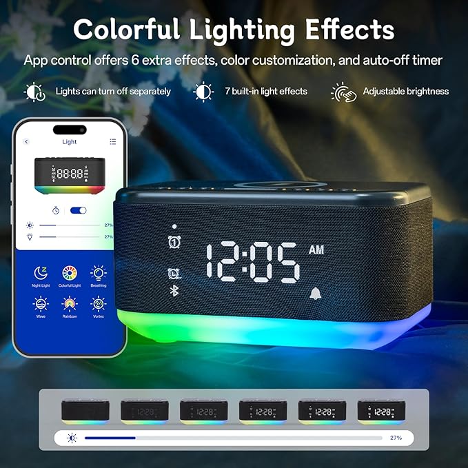 Bluetooth Alarm Clock Radio Bedroom, Digital Dual Alarm Clock Bedroom, Up to 10 Alarms Clock Night Light Speaker App/Button Control FM Charge Snooze Adjustable Brightness Dim 12/24H, Matte Black