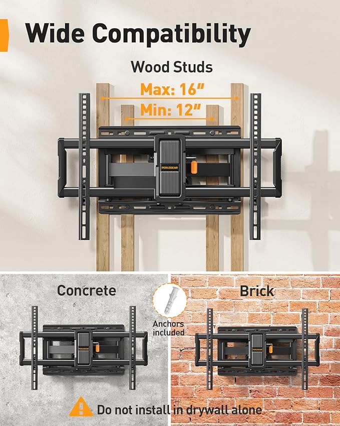 Perlegear UL-Listed Full Motion TV Wall Mount for 40–86 Inch Flat Curved TVs up to 132 lbs, 12″/16″ Wood Studs, TV Mount Bracket with Tool-Free Tilt, Swivel, Extension, Max VESA 600 x 400mm, PGLF15