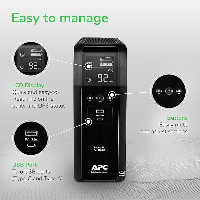 APC UPS Back-UPS Pro, 1000VA Sinewave UPS Battery Backup & Surge Protector, LCD, AVR, BR1000MS