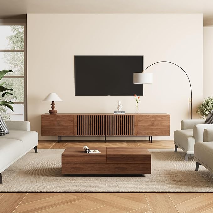 NessCarsti Mid Century Modern TV Stand for 80+ Inch TVs, 94.48" Walnut Console with Ample Storage – Stylish Entertainment Center for Living Room or Bedroom