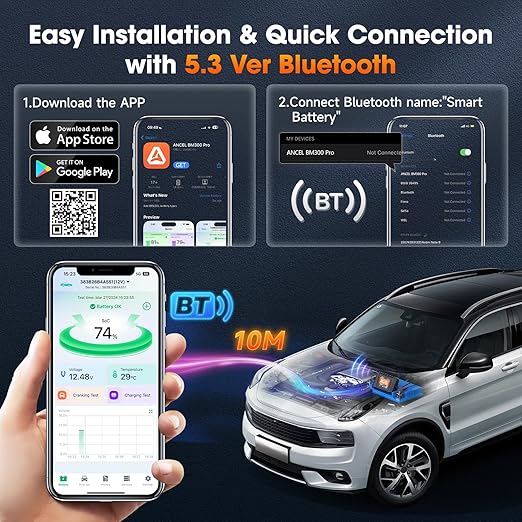 ANCEL BM Series 24V 12V 6V Battery Monitor - BM300 Pro Bluetooth 5.3 Battery Monitor with Charging, Cranking System Test & Alarm - IP67 Waterproof Voltmeter for Trucks, Cars, Motorcycles, Boats