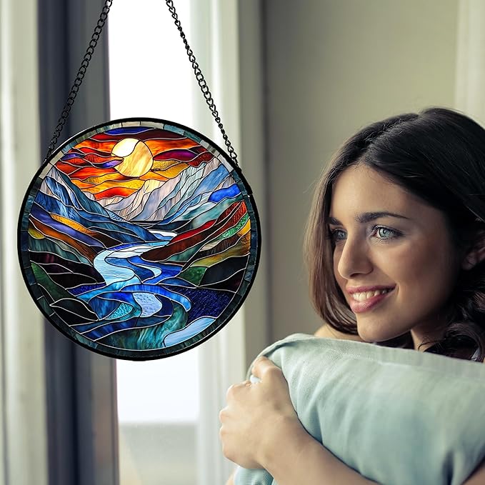 AMDERVEN Stained Glass Window Hanging, Canyon Mountains Sunset View Sun Catcher for Window Home Decor Landscape Suncatcher Mother's Day Birthday Gifts for Women Men Mom and Nana 11.8 in