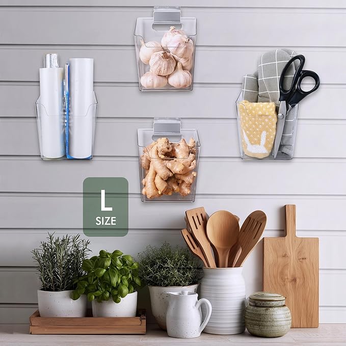 Clear Slatwall Bins, 4 Pack Slat Wall Accessories Cups Hooks Assemble Set Fit Most Slat Board Storage Systems Transparent Display Hanging Holder Organizers for Garage Shed Office Craft Tool (Medium)