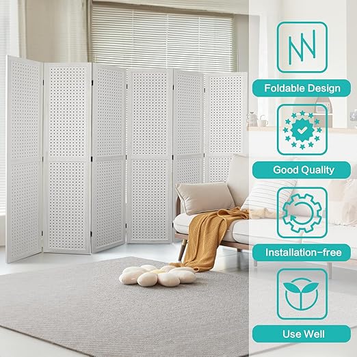 Babion 6 Panel Pegboard Display, Freestanding Folding Privacy Screens for Craft Shows (White)