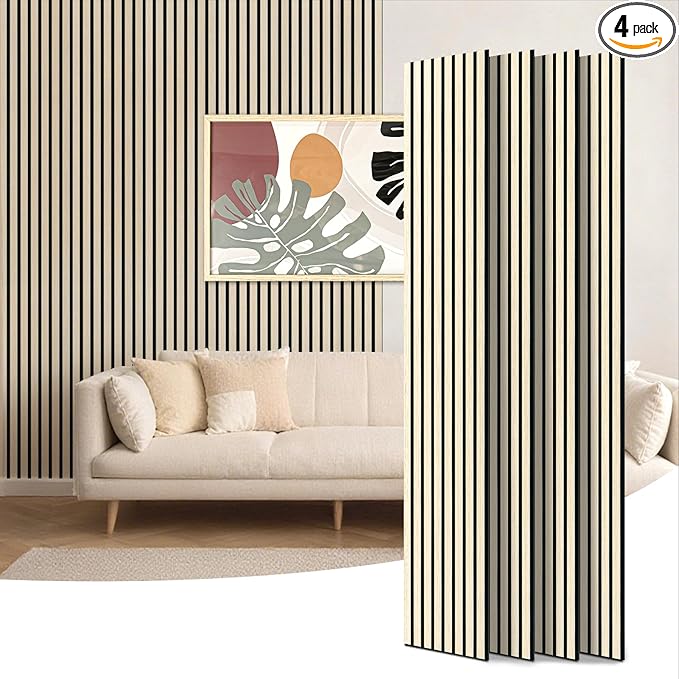 Art3d 4-Piece 94 x 12.6 Inch Acoustic Lightweight Slat Wall Panel - Waterproof Wood Textured Wainscoting Panel of 33 Sq.Ft for Bedroom, Home Theater Office Accent Wall, White Elm