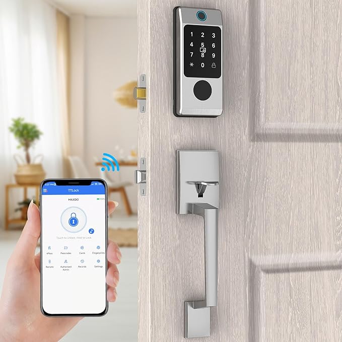 WiFi Smart Locks for Front Door with Handle Sets, Keyless Entry Door Lock Fingerprint Deadbolt, Electronic Digital Touchscreen keypad, App Control, Easy to Install (Silver)