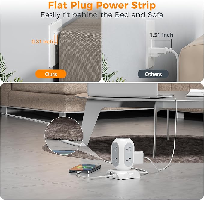 TESSAN Surge Protector Power Strip Tower, Flat Plug Extension Cord 10 Ft with 8 AC Multiple Outlets 4 USB Ports (1 USB C), 1050J Protection Desk Charging Station for Home, Office Supplies, Dorm Room